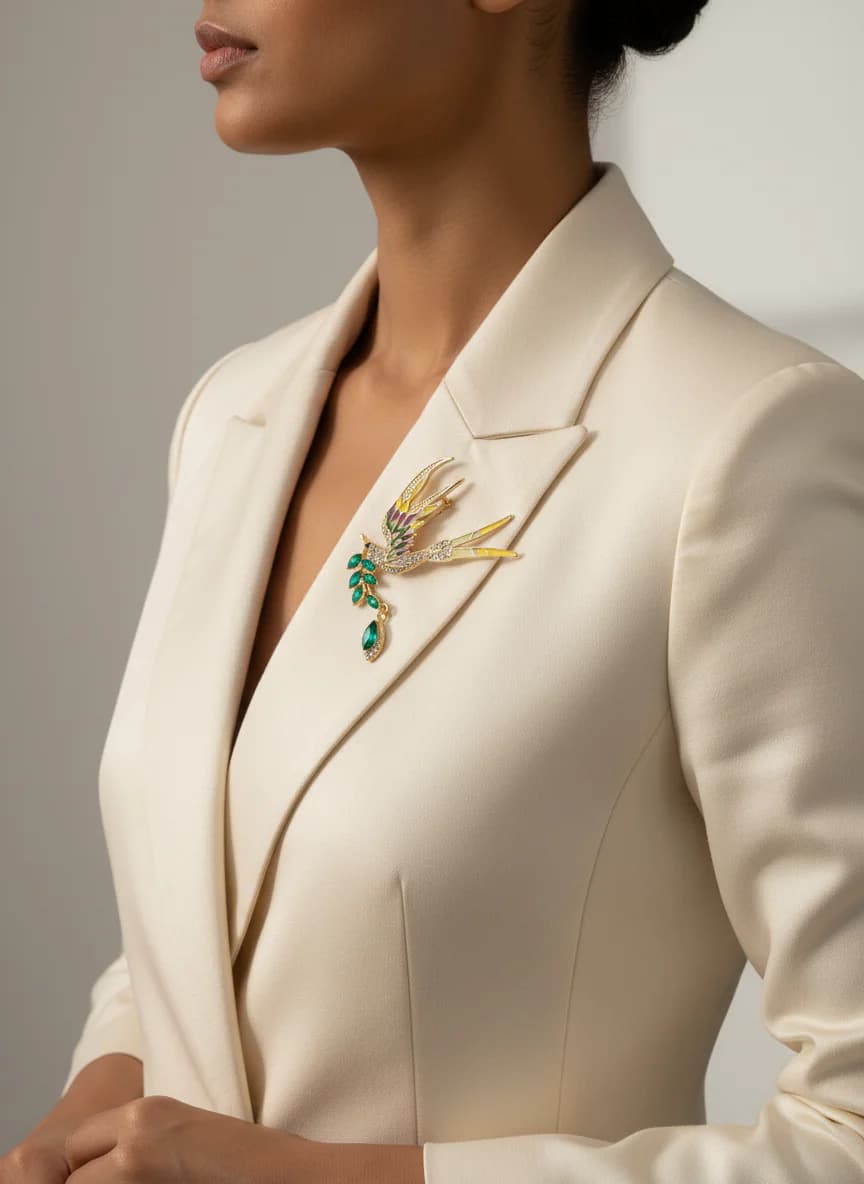 Zümrüt Detaylı Altın Rengi Emaye Kuş Broş