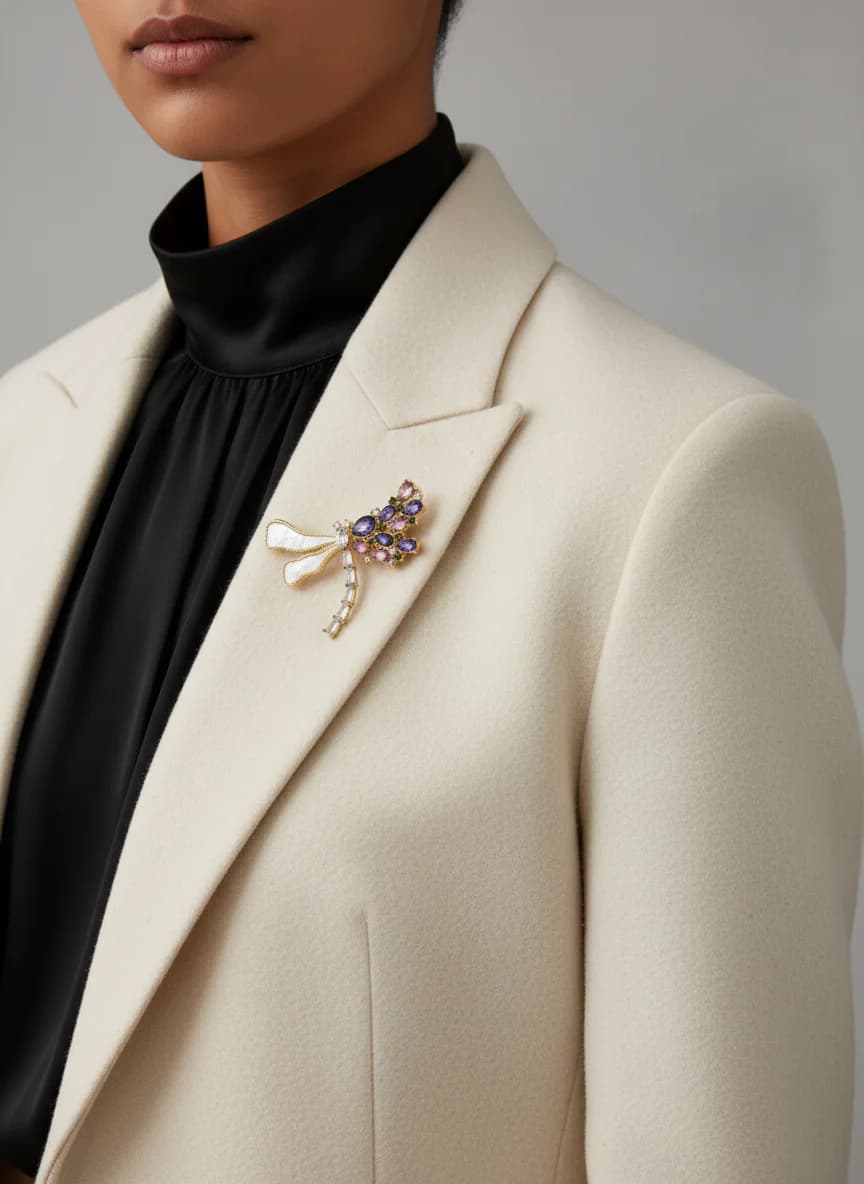 Altın Rengi Mor Pembe Yeşil Taşlı Yusufçuk Broş