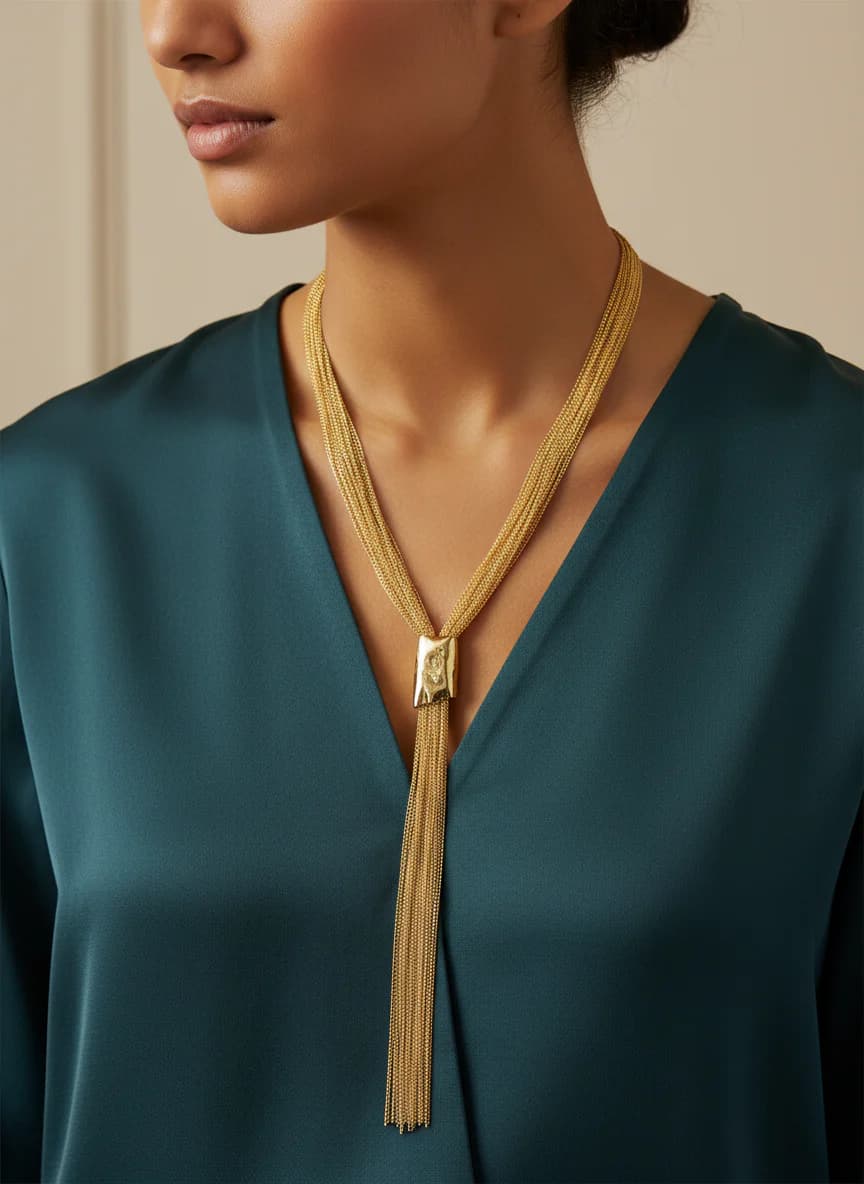 Altın Rengi Çoklu Zincir Püsküllü Uzun Kolye