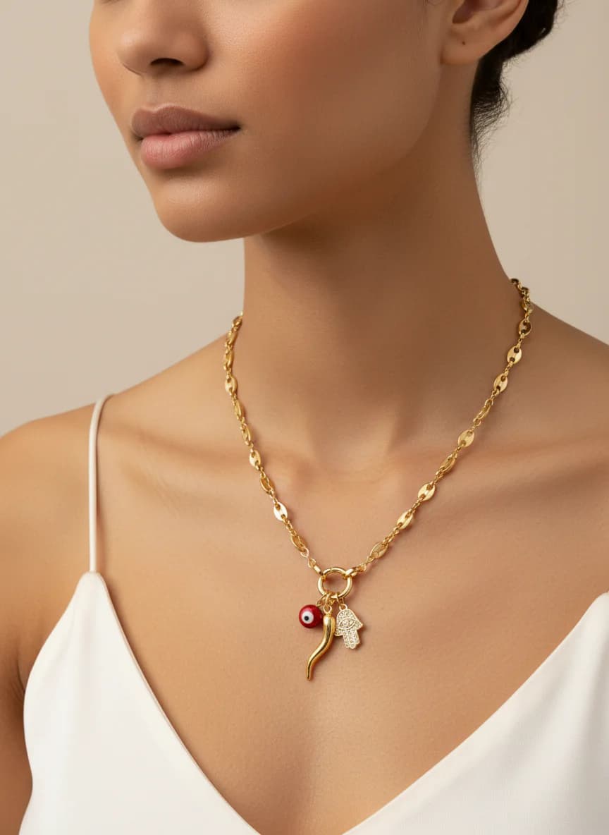 Altın Rengi Şans Kolyesi | Nazar Hamsa Boynuz Charm Zincir