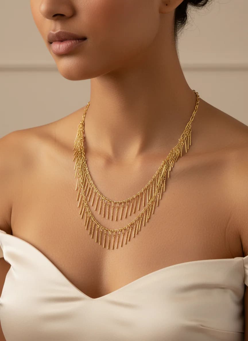 Katmanlı Püsküllü Altın Rengi Şık Zincir Kolye