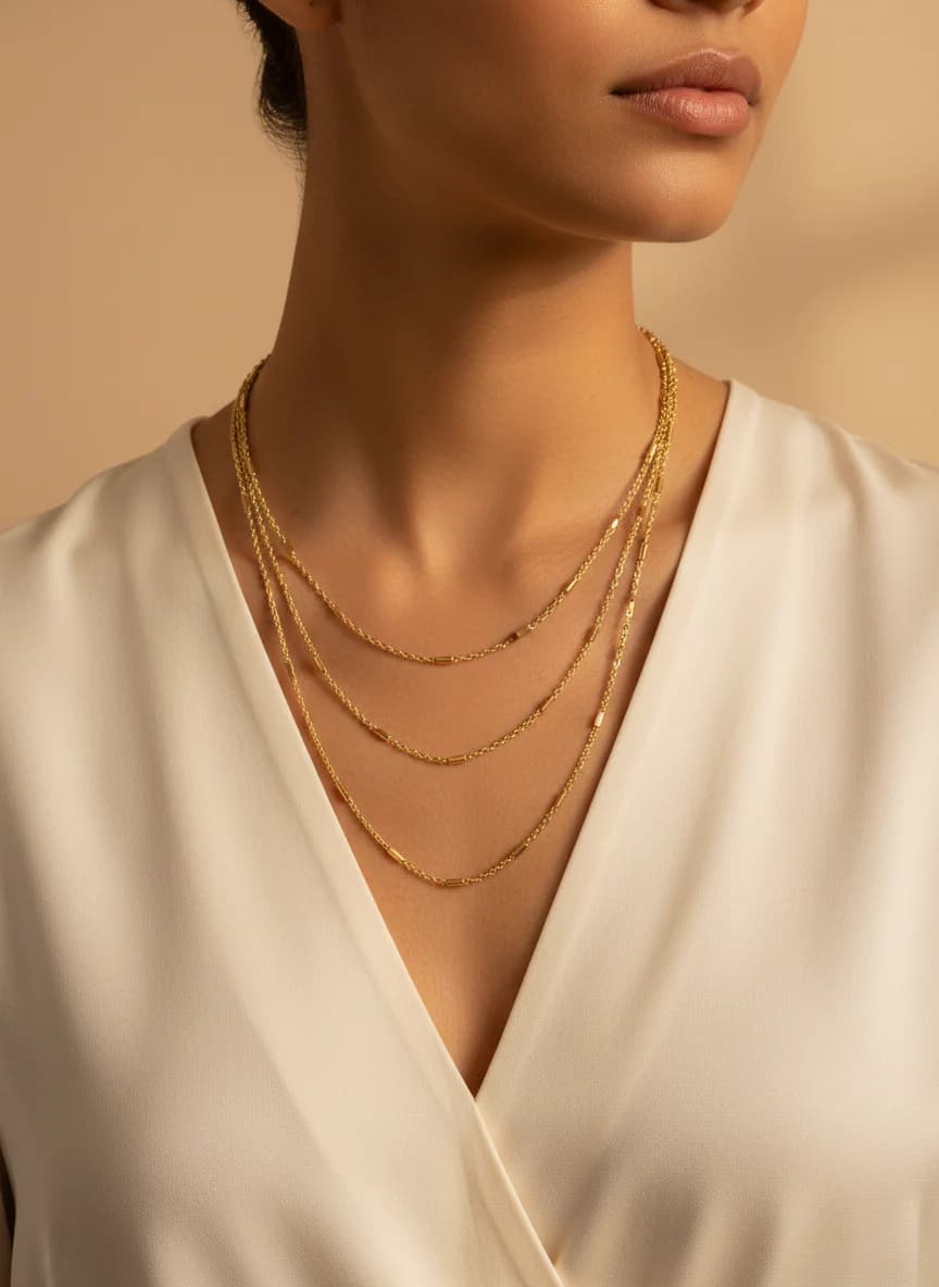 Üç Katlı Çubuk Detaylı Altın Rengi Zincir Kolye