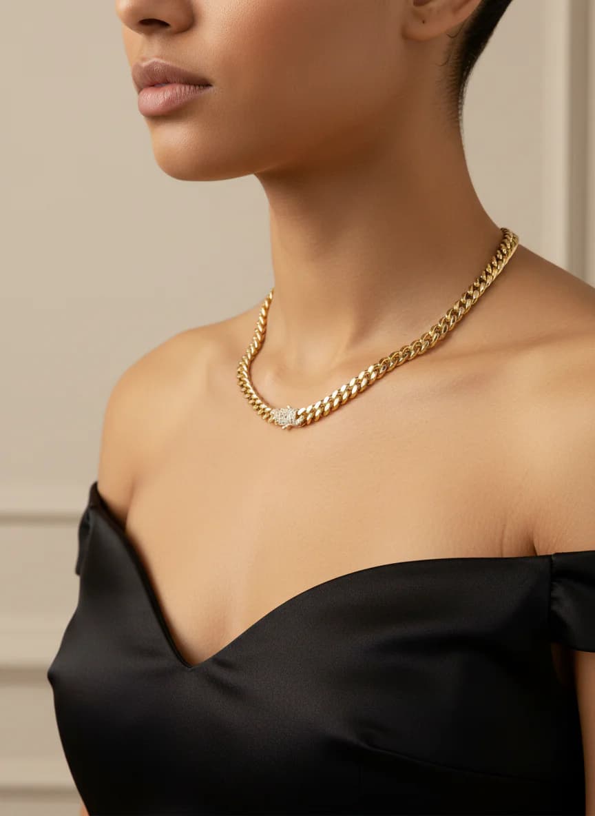 Altın Kaplama Taşlı Küba Zincir Kolye Erkek Kadın