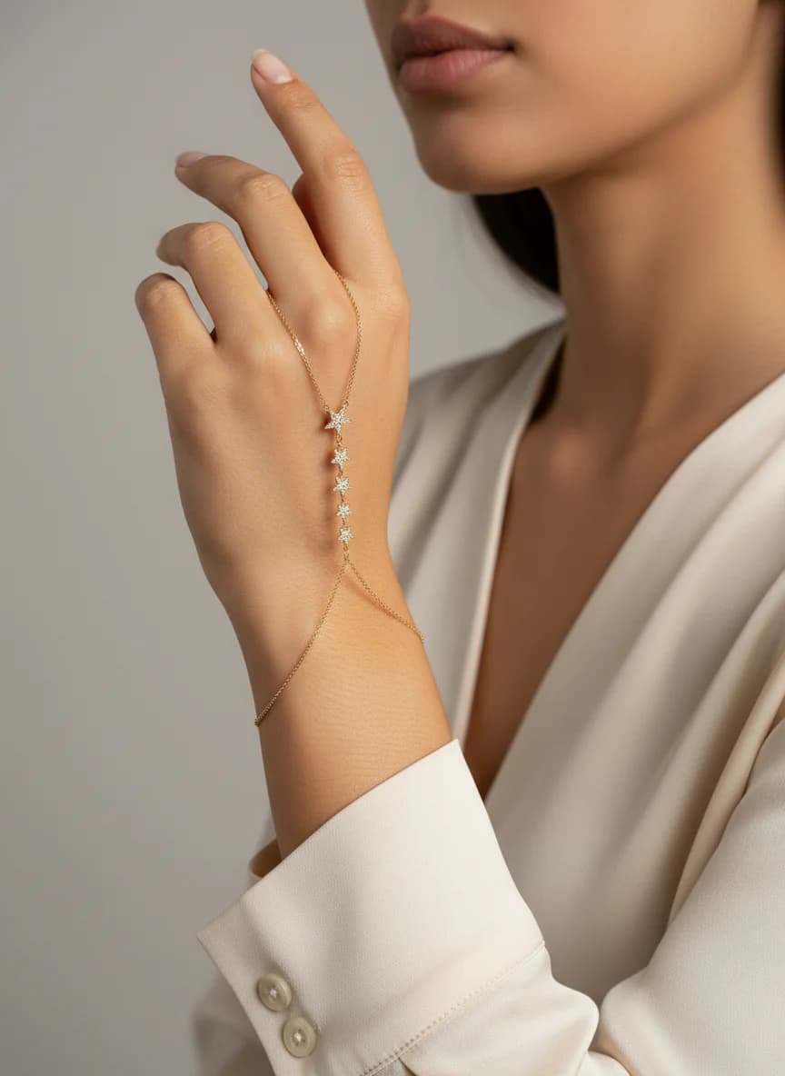 Zirkon Taşlı Yıldız Tasarım Altın El Zinciri Bileklik