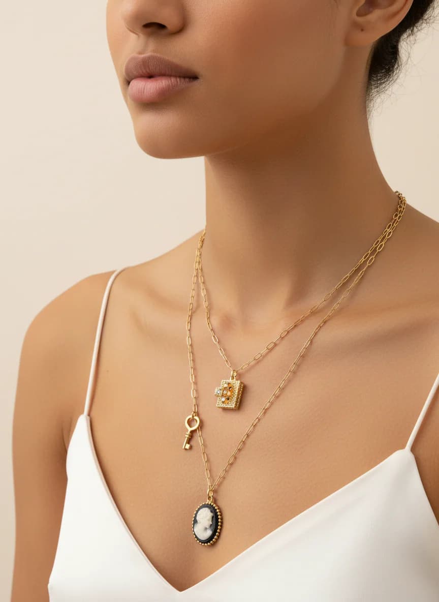 Antik Anahtar ve Cameo Detaylı Katlı Altın Kaplama Kolye