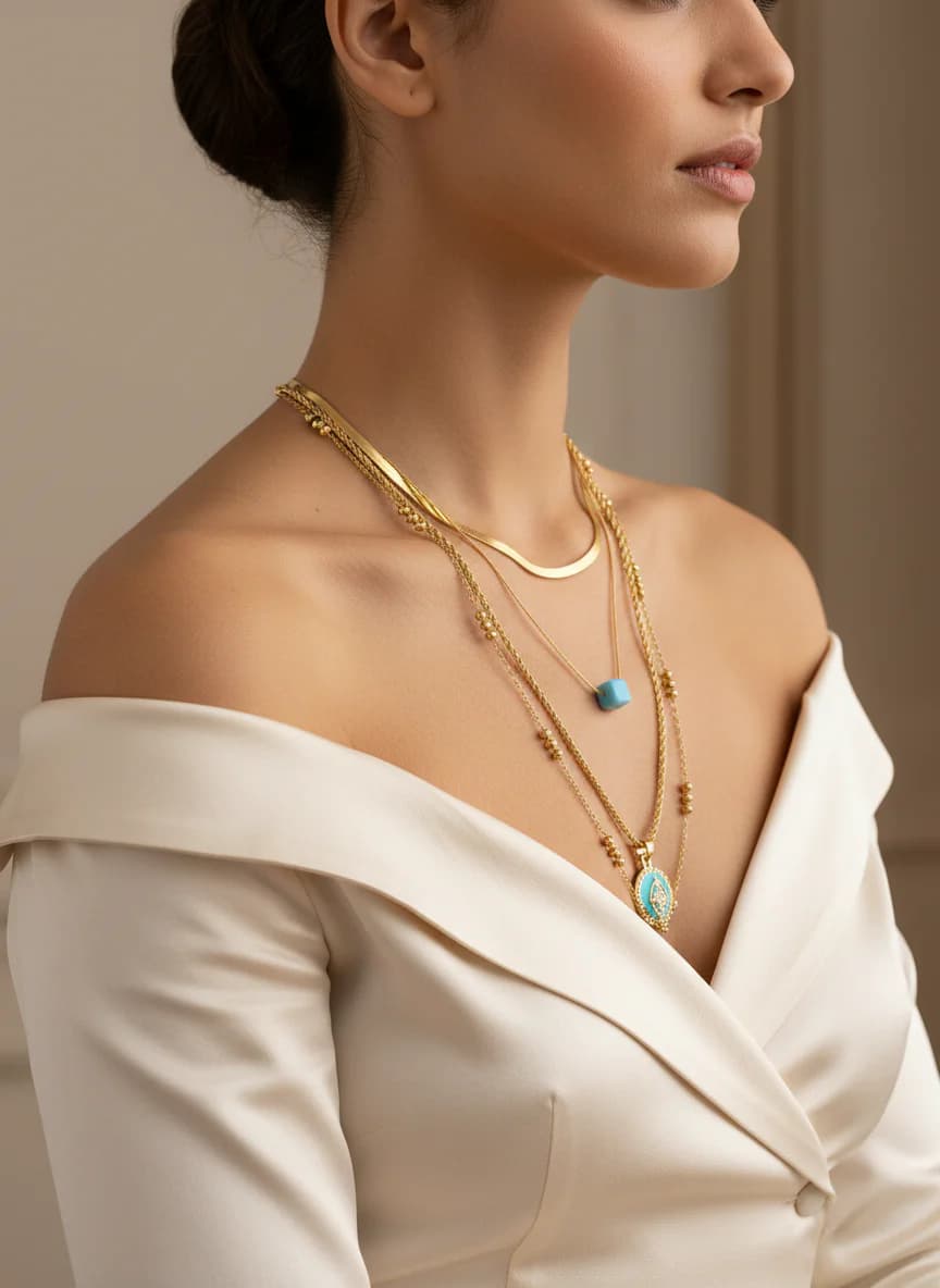 Altın Renk Katmanlı Turkuaz Detaylı Şık Kolye Seti