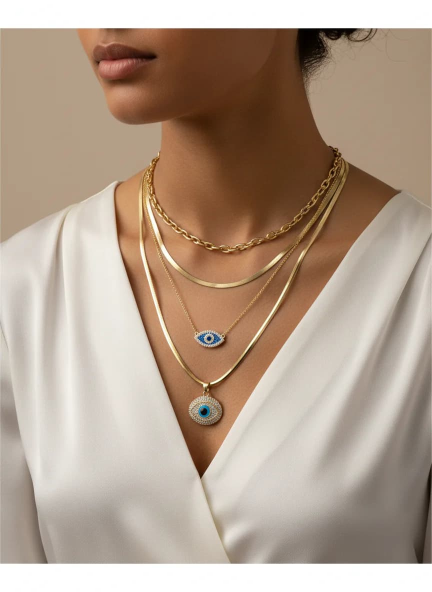 Katmanlı Altın Rengi Nazar Boncuklu Kolye Kombini
