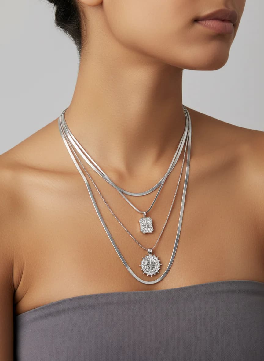 Katmanlı Gümüş Tonlu Pusula & Yıldız Taşlı Kolye Seti