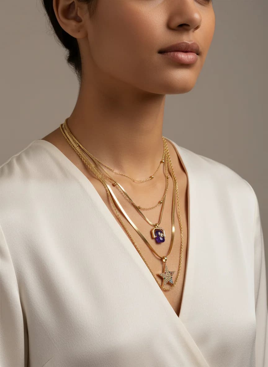 Şık Katmanlı Altın Rengi Yıldız & Nazar Boncuk Kolye Seti