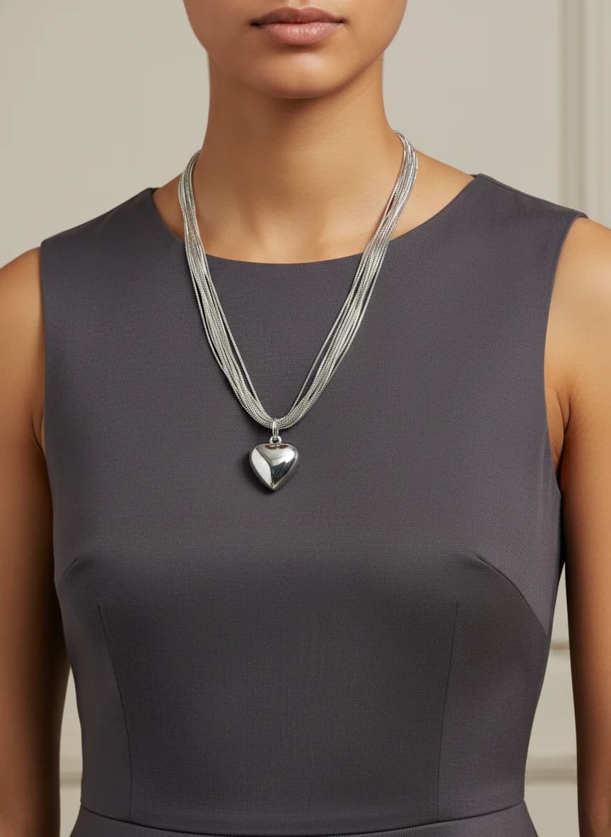 Gümüş Çoklu Zincir Kalp Uçlu Kolye - Şık Tasarım