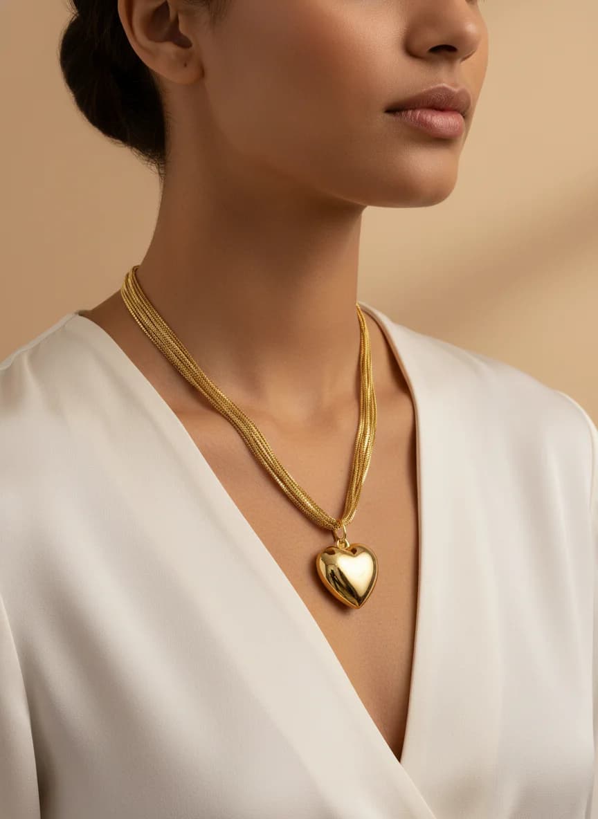 Çoklu Zincir Altın Rengi Kalp Uçlu Kolye