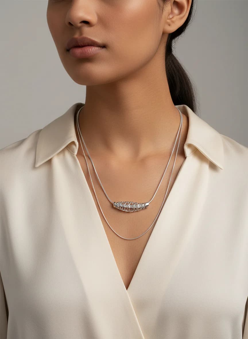 Modern Tasarım Gümüş Çift Zincir Kolye - Şık Kadın Gerdanlık