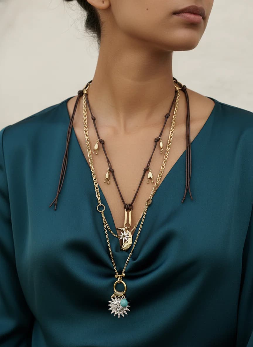 Bohem Katmanlı Ay Güneş Yıldız Kolye - Altın Rengi