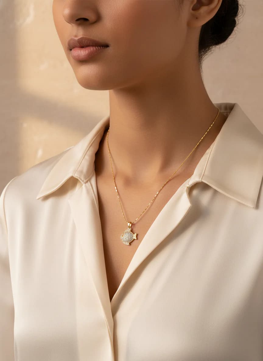 Pırıltılı Zirkon Taşlı Altın Balık Kolye