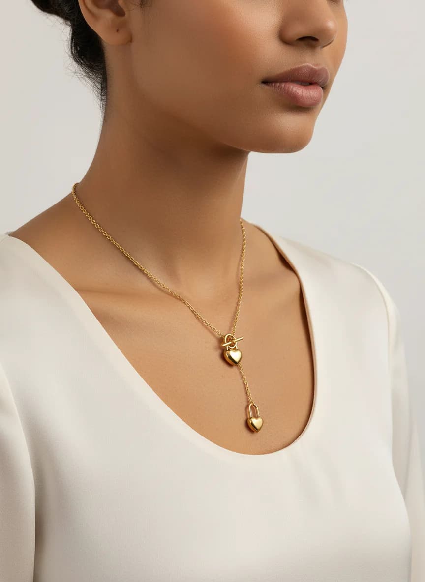 Altın Rengi Kalp Kilit Toggle Kolye