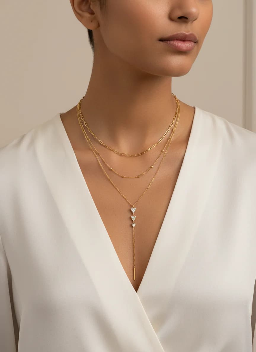 Altın Renk Katlı Taşlı Üçgen Detay Zincir Kolye