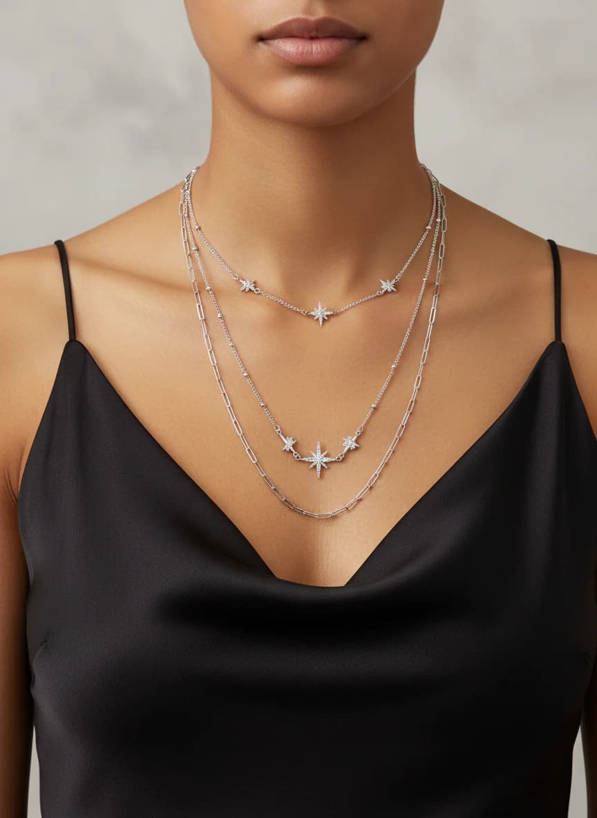 Gümüş Tonu Katmanlı Yıldız Kolye Zirkon Taşlı Kadın