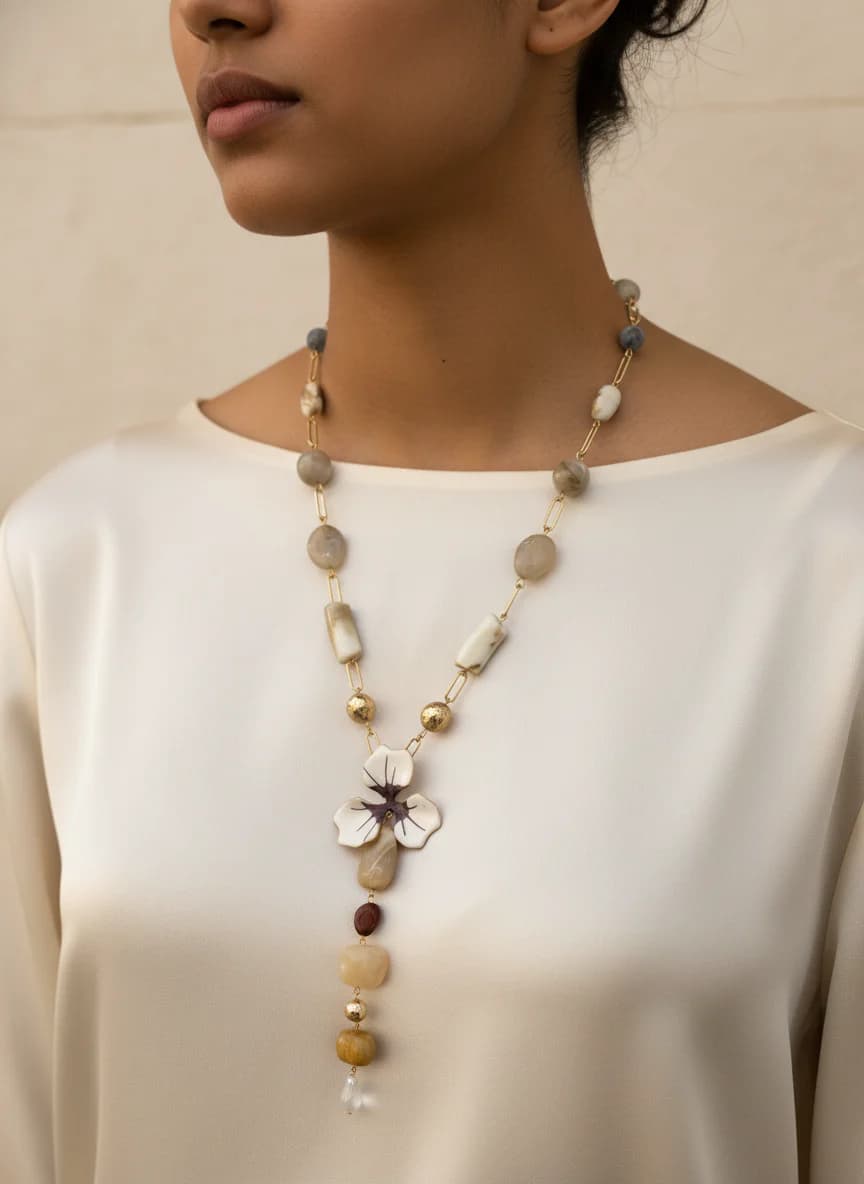 Çiçek Motifli Doğal Taş Detaylı Uzun Altın Kolye