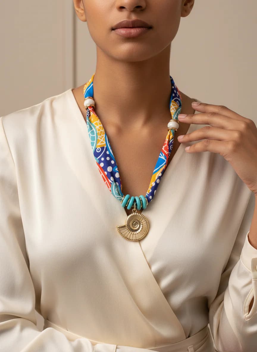 Renkli Kumaş ve Spiral Deniz Kabuğu Tasarımlı Kolye