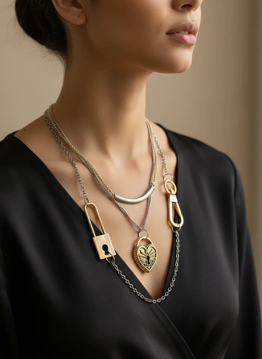 Katmanlı Kilit Kalp Zincir Kolye - Altın Gümüş Tonlu