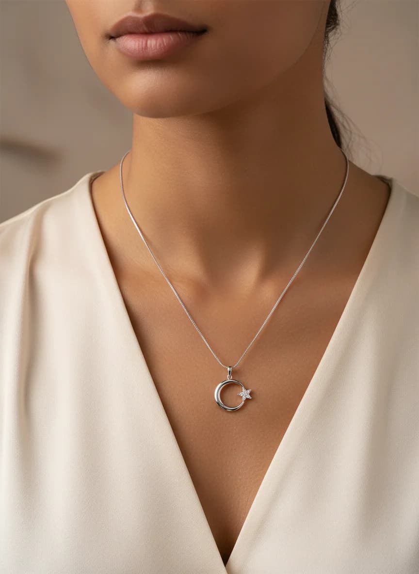 Gümüş Ay Yıldız Kolye Zirkon Taşlı Kadın