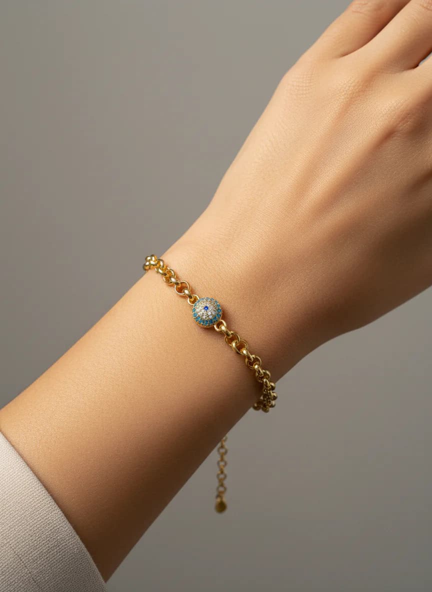 Altın Rengi Taşlı Nazar Gözlü Zincir Bileklik