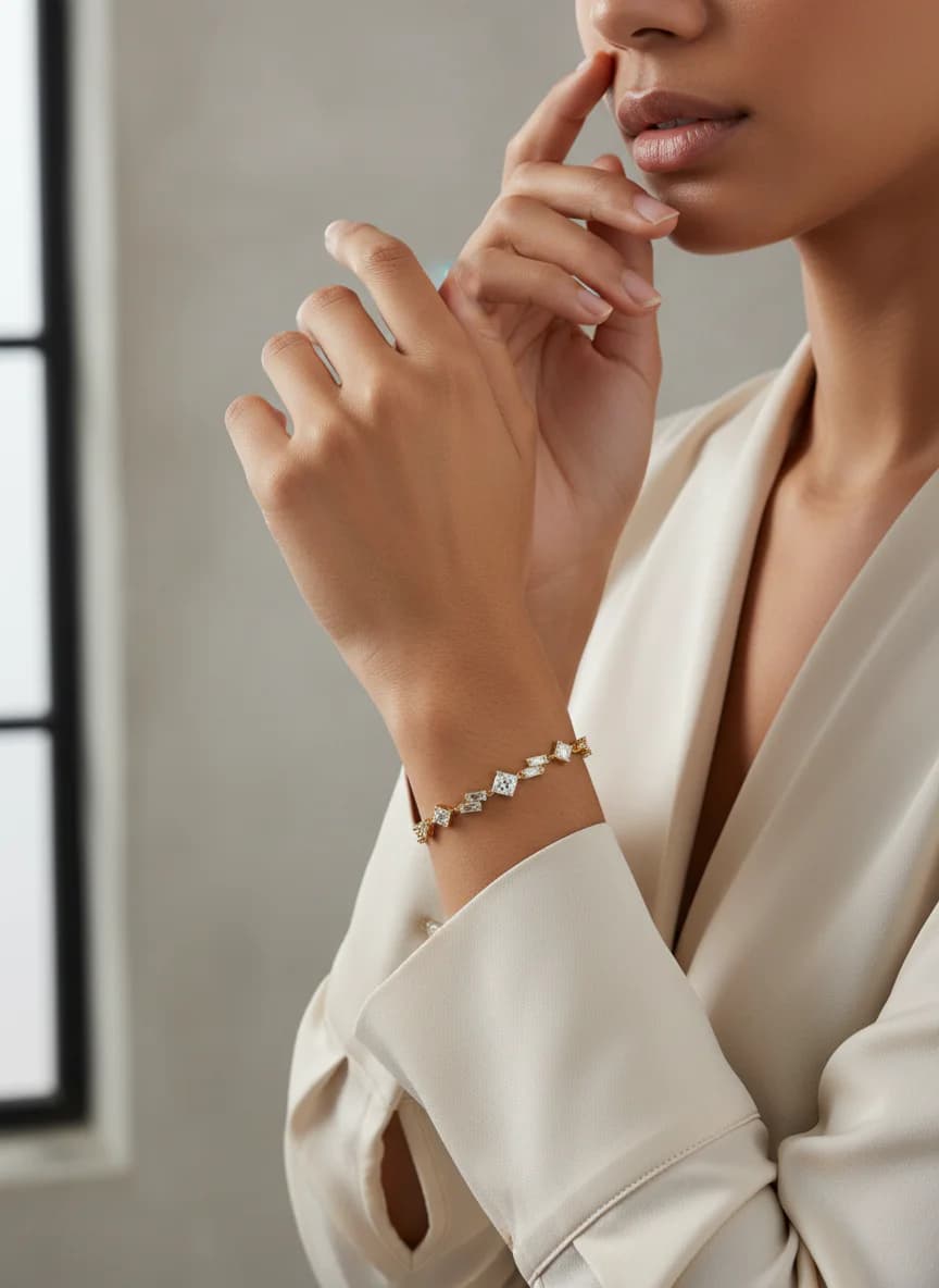 Zarif Altın Rengi Baget ve Kare Zirkon Taşlı Bileklik