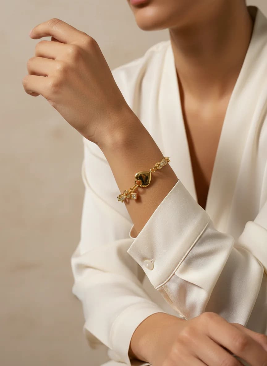 Altın Rengi Kalpli ve Taşlı Zincir Bileklik