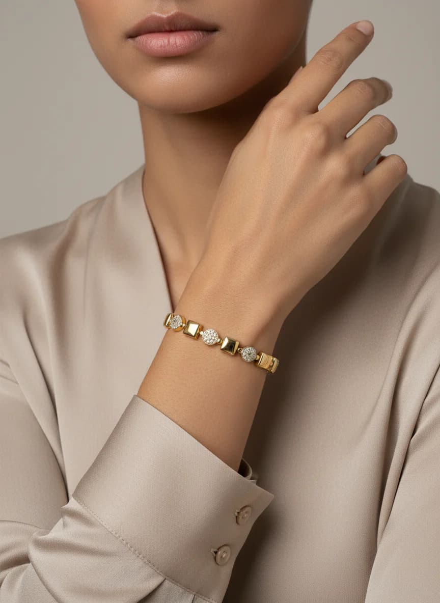 Zarif Altın Kaplama Taşlı Kare & Yuvarlak Kadın Bileklik