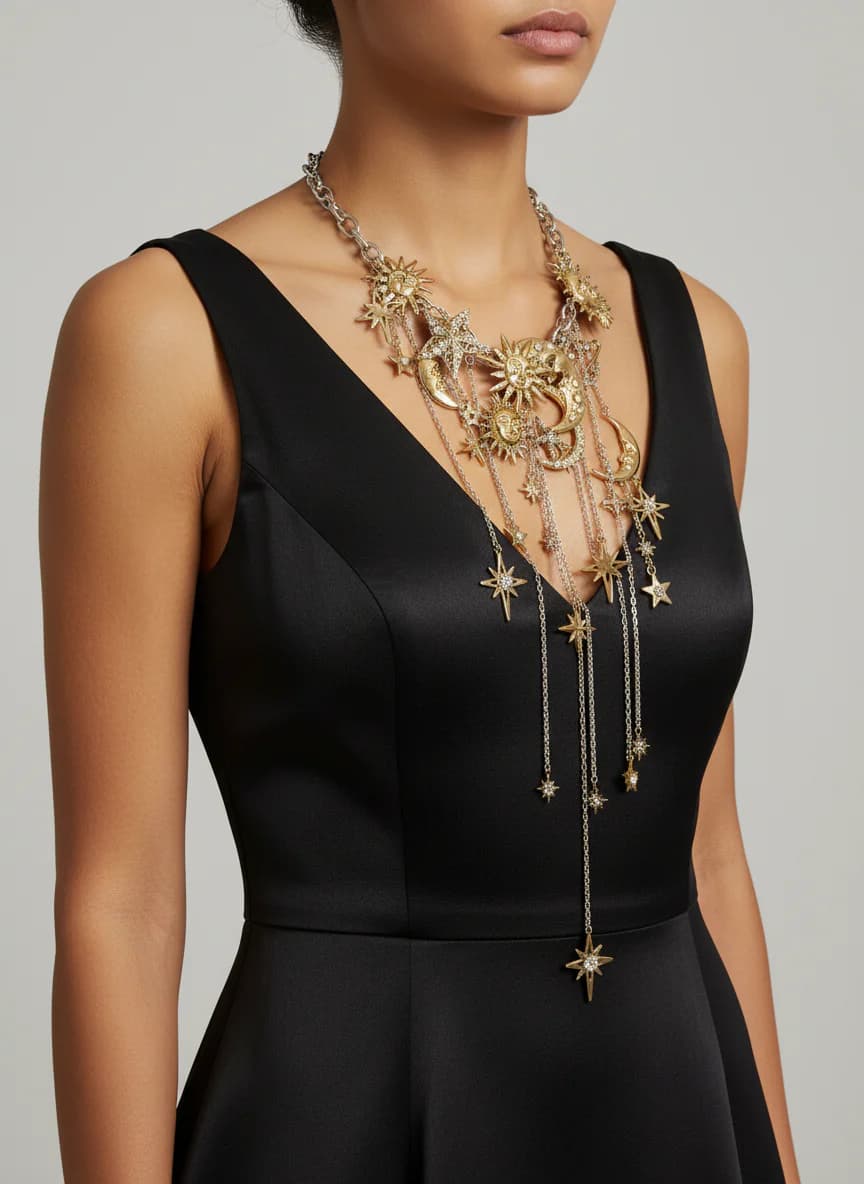 Güneş Ay Yıldız Kristal Taşlı Gold Gümüş Kolye