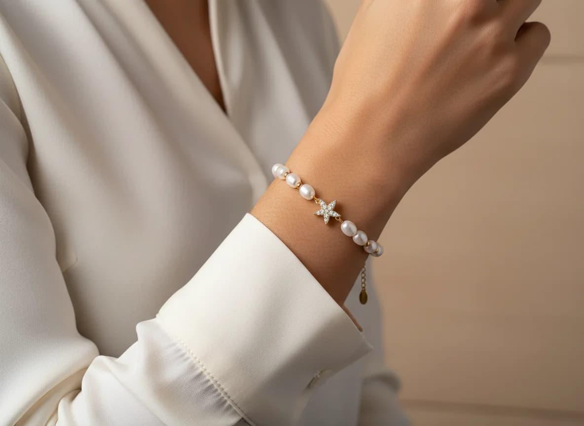 Zarif İnci ve Taşlı Yıldız Kadın Bileklik
