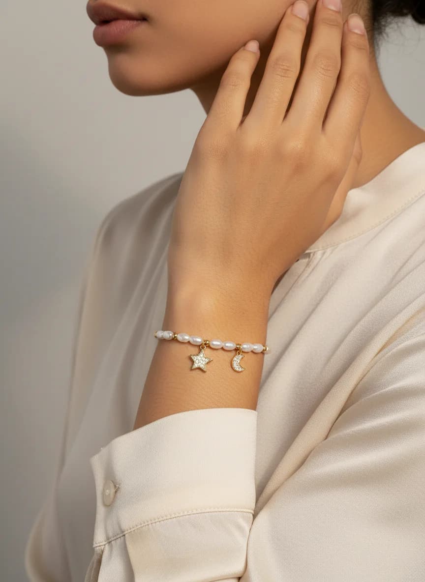 İnci Yıldız Ay Detaylı Altın Rengi Zarif Kadın Bilekliği