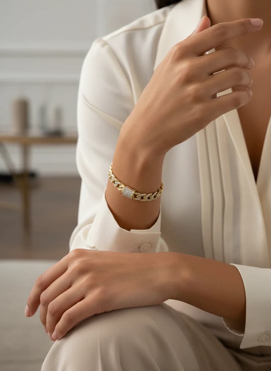 Lüks Altın Renk Taşlı Küba Zincir Bileklik 20 cm