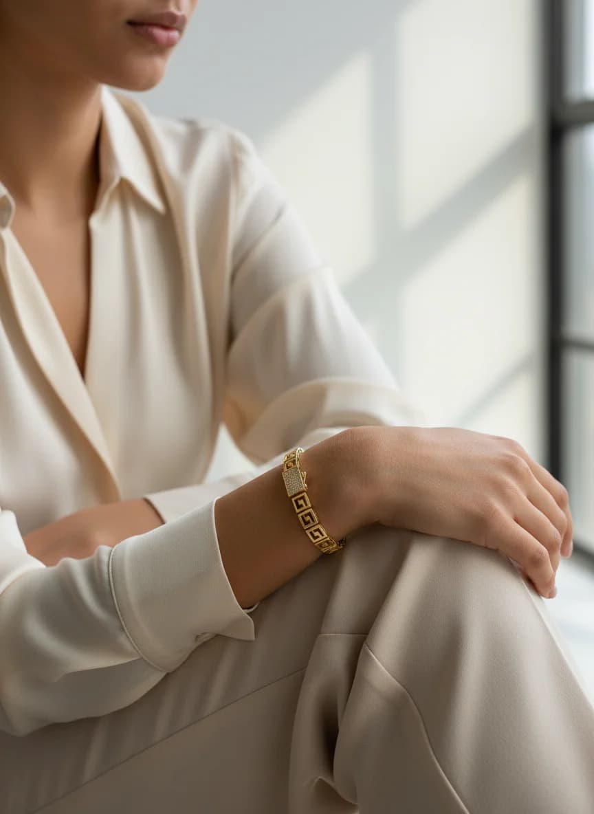 Altın Grek Desen Medusa Başlı Taşlı Zincir Bileklik