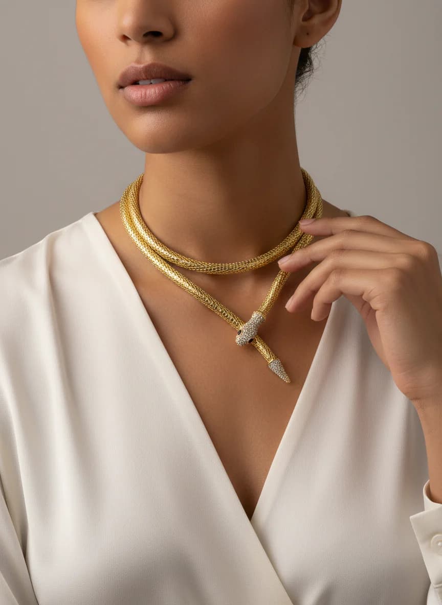 Altın Rengi Taşlı Esnek Yılan Kolye - Şık Tasarım