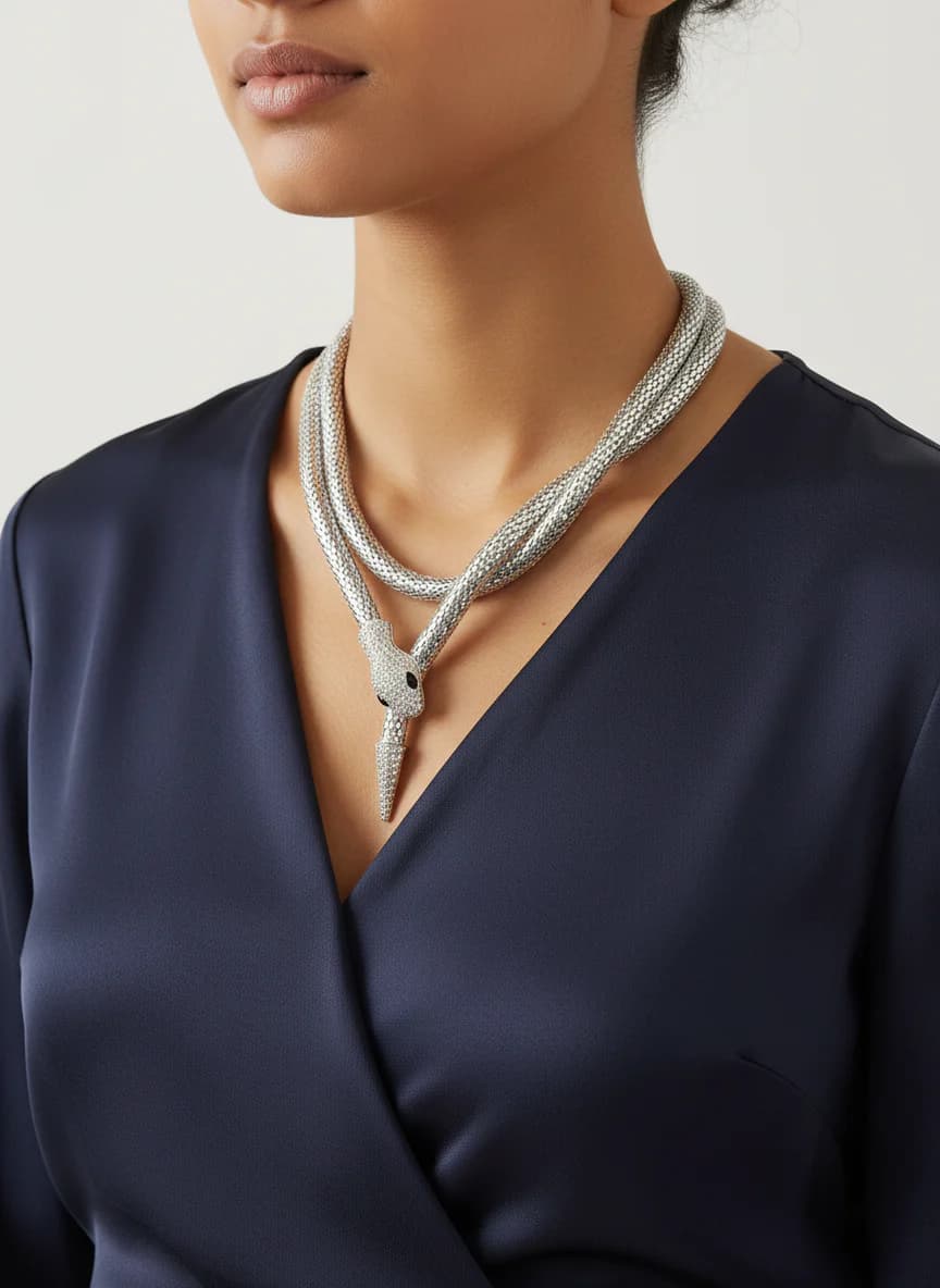 Gümüş Renk Taşlı Esnek Yılan Kolye