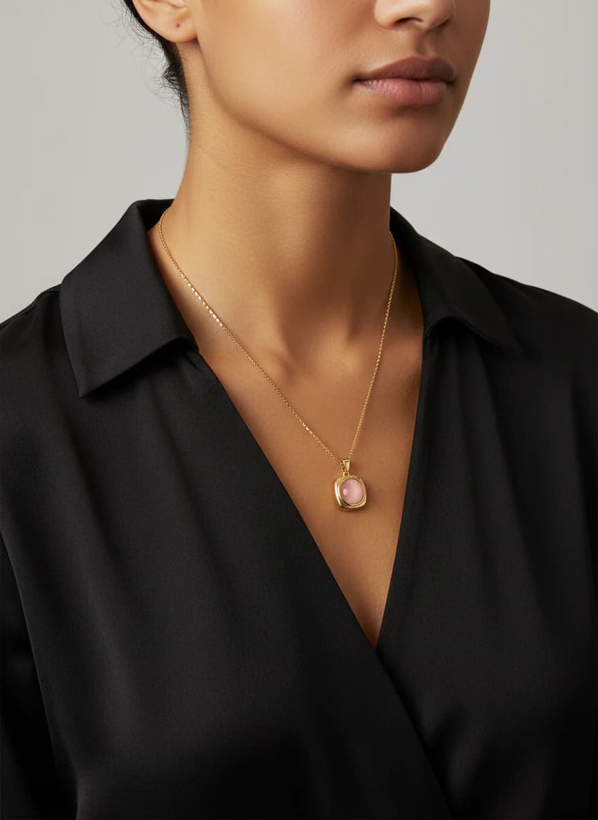 Altın Rengi Kedi Gözü Pembe Taşlı Zincir Kolye