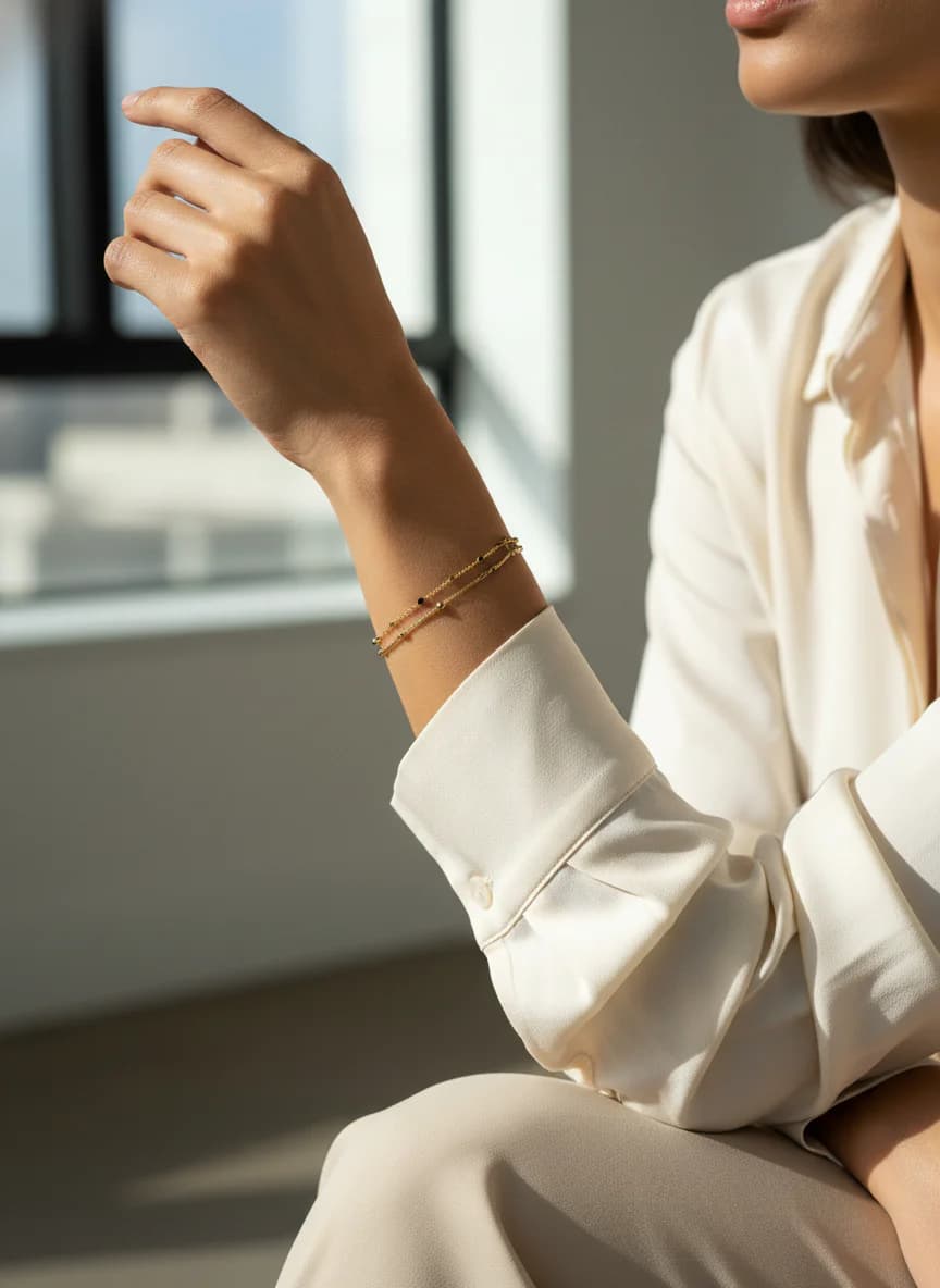 Altın Renk Çift Zincir Siyah Pul Detaylı Ayarlanabilir Halhal Kolye