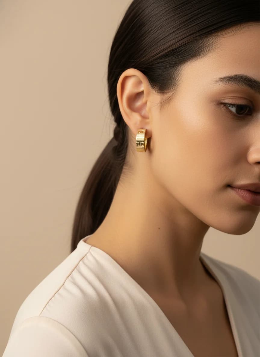 Şık Altın Kaplama Halka Küpe - Vidalı Tasarım Huggie