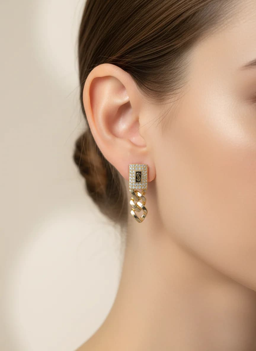 Altın Kaplama S Harfli Zirkon Taşlı Zincir Küpe