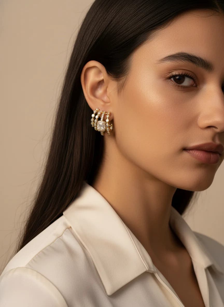 Altın Rengi Zirkon Taşlı Çoklu Katmanlı Halka Küpe