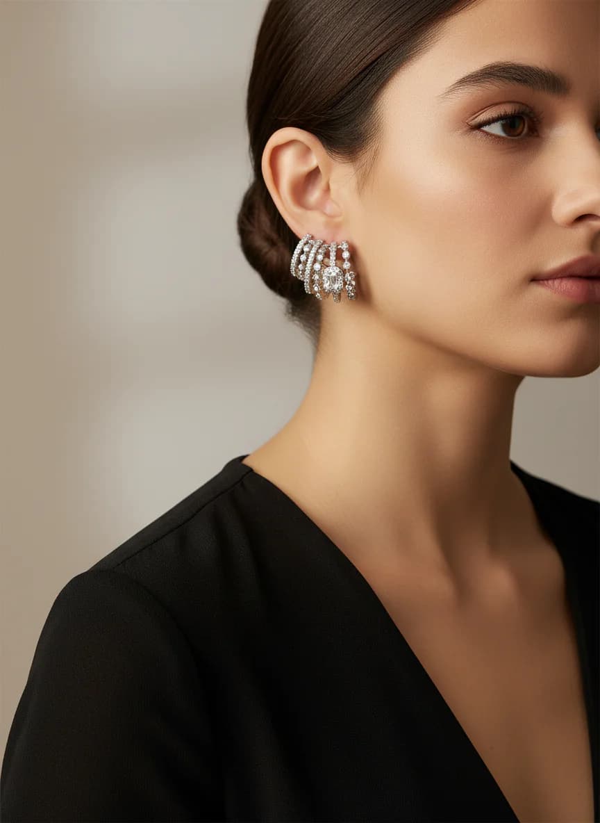 Parlak Zirkon Taşlı Çoklu Bant Gümüş Rengi Hoop Küpe