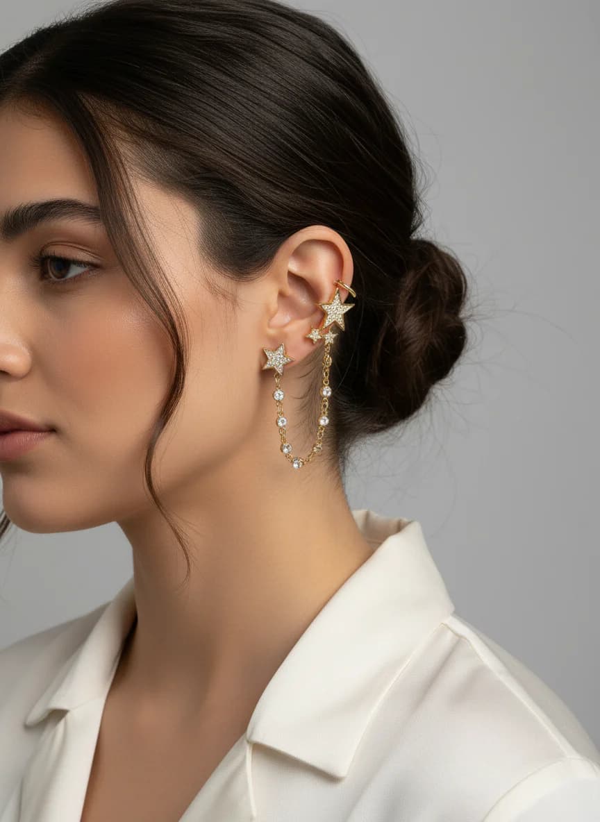 Yıldız Taşlı Zincirli Altın Rengi Earcuff Küpe
