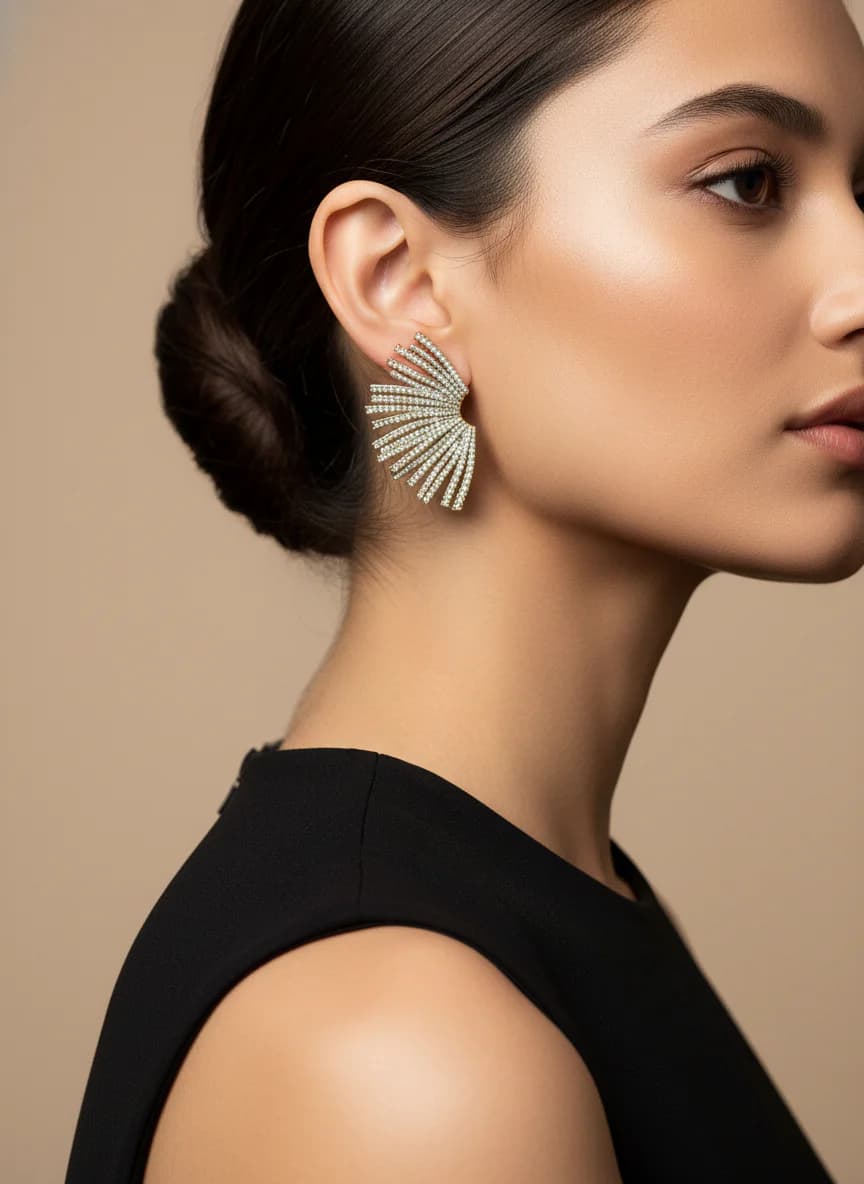 Gold Renk Taşlı Işıltılı Fan Model Kadın Küpe