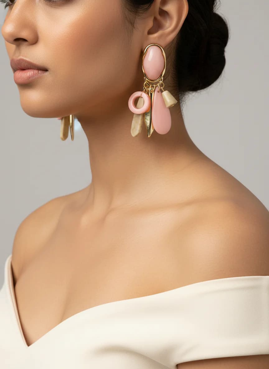 Pembe Taş ve Altın Detaylı Sallantılı Küpe