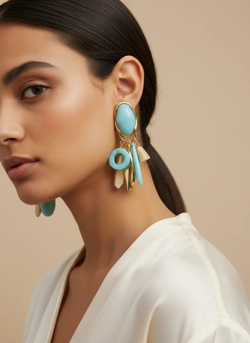 Bohem Turkuaz Mavi ve Krem Renk Taşlı Altın Tonlu Küpe