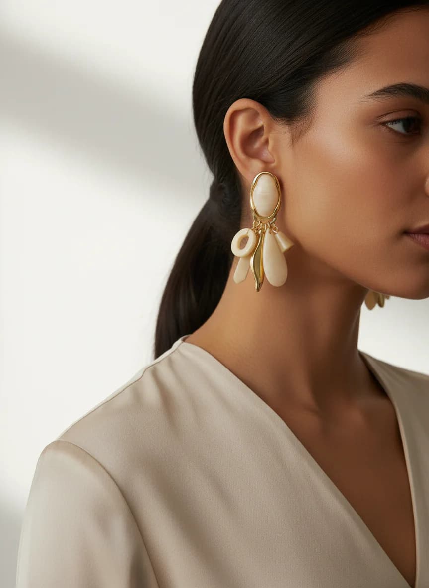 Krem Reçine Altın Rengi Sallantılı Kadın Küpe