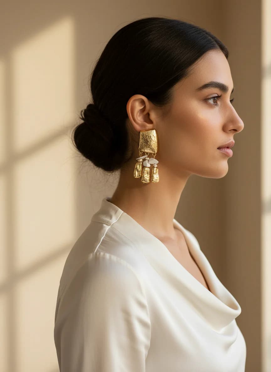 Altın Rengi Çekiçlenmiş Metal ve Doğal Taş Sallantılı Küpe