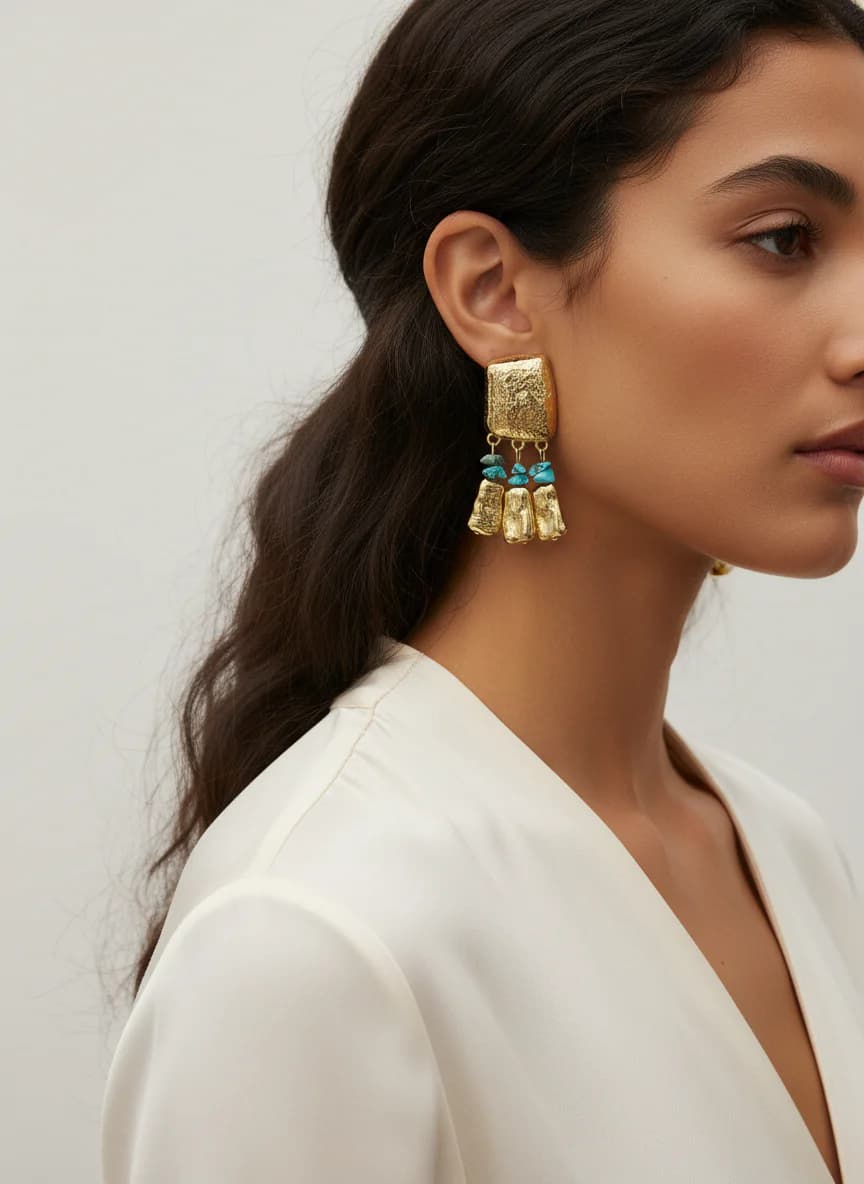 Otantik Altın Rengi Turkuaz Taşlı Sallantılı Küpe