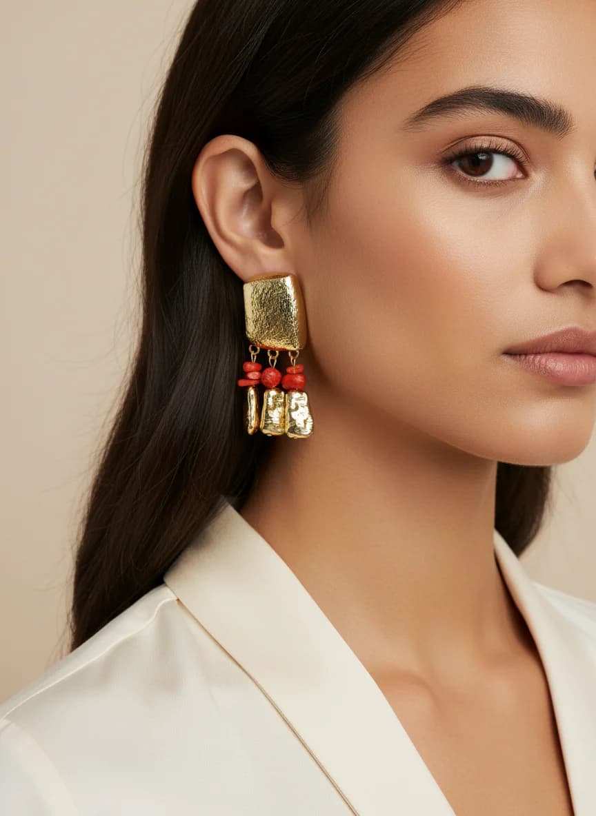 Bohem Sallantılı Altın Rengi Dokulu ve Gerçek Mercan Küpe